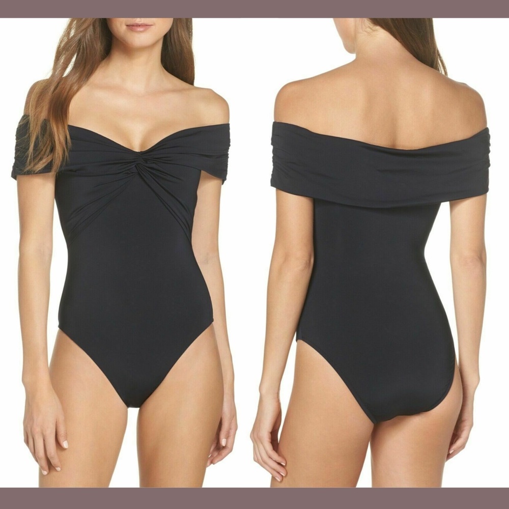 NEW $132 Trina Turk Off the‎ Shoulder One-Piece Swimsuit Black [SZ 2 ]
